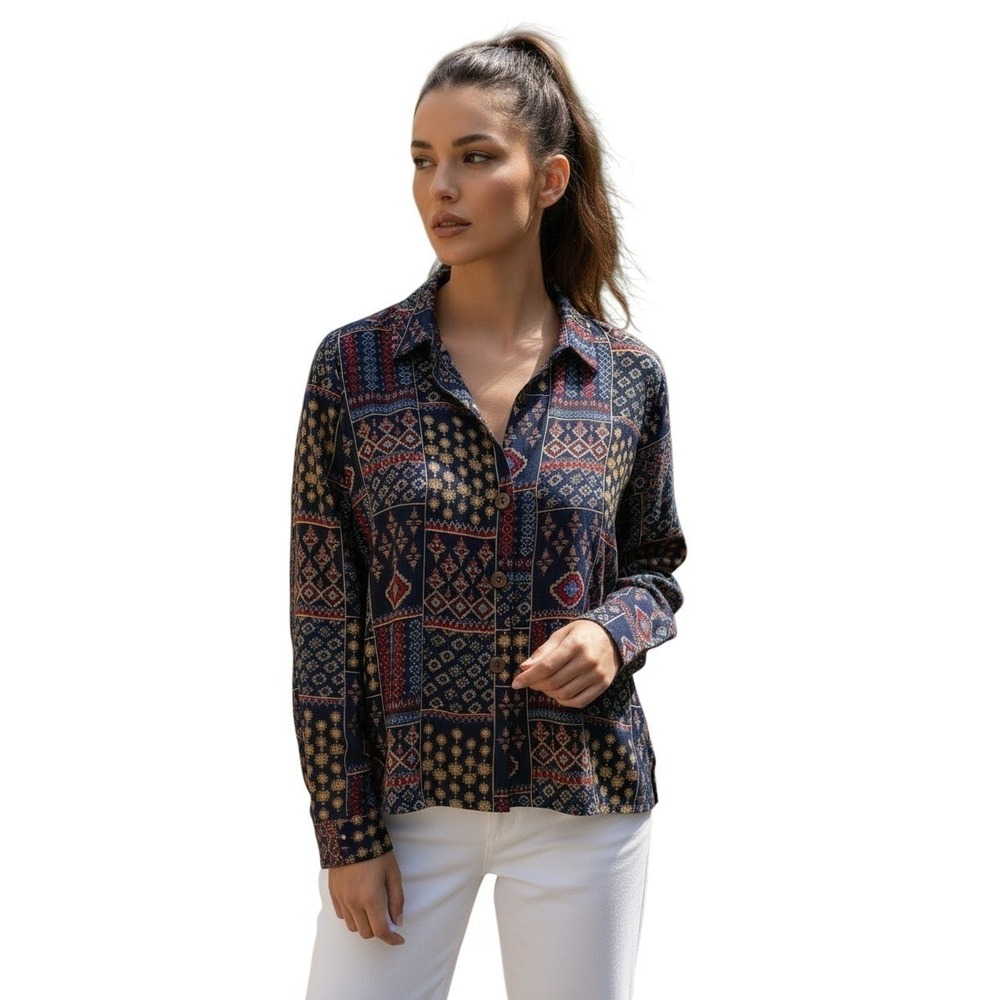 RHEA NWT Silk Blend Navy Patchwork Block Print Button‎ Down Shirt S/M Boho India